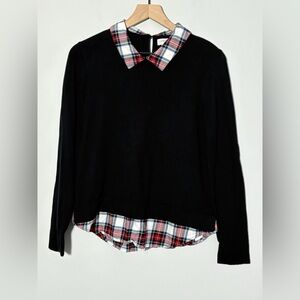 J. Crew Black Sweater with Tartan Collar and Hem Women’s Size Small Plaid